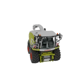 Vue de face d'un modèle 3D de moissonneuse-batteuse Claas Jaguar 960, montrant ses grands pneus, sa carrosserie verte et jaun