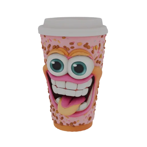 3D model of a pink coffee cup with a funny face, big blue eyes, wide smile, tongue out, and colorful sprinkles, with a white