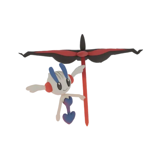 3D model of a cute, white claymation-style creature with blue accents, suspended from a red pole beneath a black and red prop