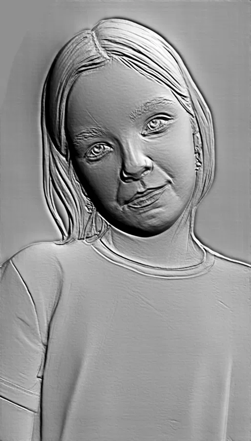 3D model of a girl bas-relief with a slight smile, in a sculpted style.