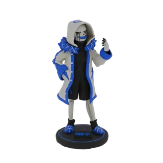 3D-Modell des Charakters Error Sans 404, trägt einen weiß-blauen Kapuzenmantel, mit Totenkopfgesicht und schwarzen Tränen, st