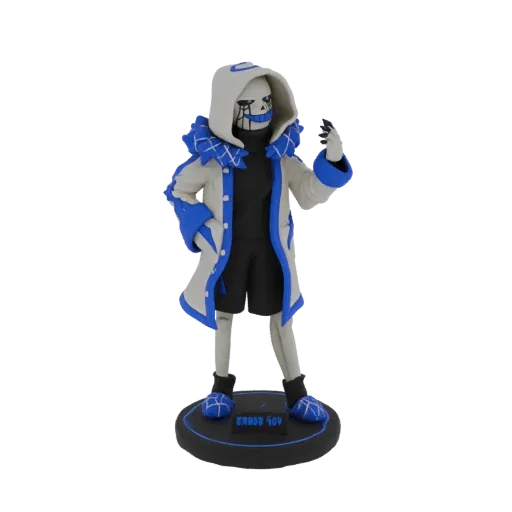Modelo 3D del personaje Error Sans 404, vistiendo un abrigo con capucha blanco y azul, con cara de calavera y lágrimas negras