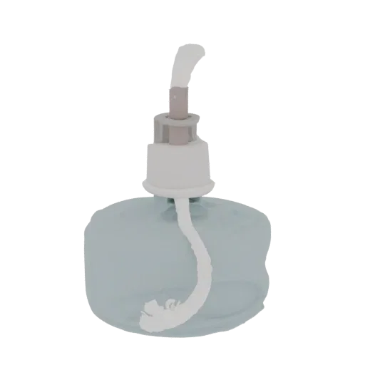 A 3D render of a translucent blue oil lamp with a white wick, isolated on a white background.