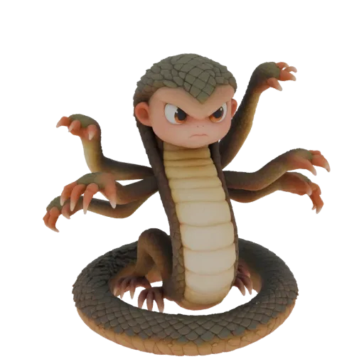 Modelo 3D de tecno-cobra Oksana con múltiples brazos, mirada enfadada y piel escamosa, de pie sobre su cola
