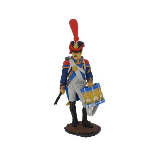 3D model of a French drummer in a blue uniform with a red plume, holding a drum, on a brown base.