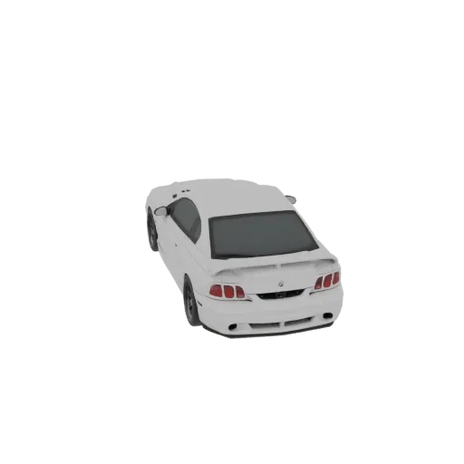 منظر خلفي علوي لموديل فورد موستانج GT كوبيه أبيض 1996-2000 ثلاثي الأبعاد على خلفية سوداء.