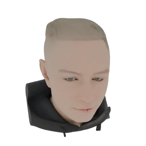 3D-Modell-Rendering eines jungen Mannes mit blondem Undercut, der leicht nach unten blickt mit blauen Augen.
