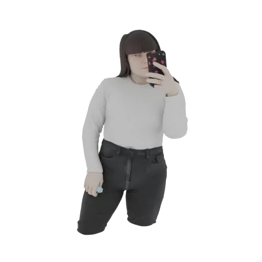 3D model of a woman with dark hair wearing a white long-sleeve shirt and black jeans, holding a smartphone.