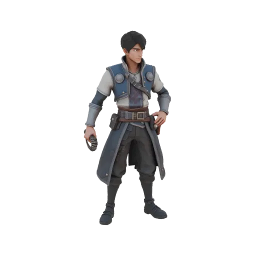 3D model of a character in a blue cloak, standing three-quarters view, with a whip in the right hand.