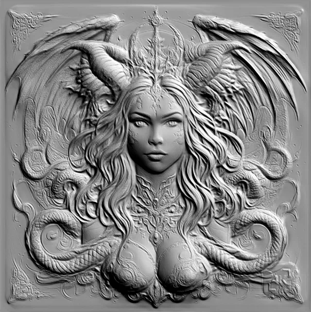 3D model of a dragoness head bas-relief, adorned with a crown, with spread wings and serpentine elements.