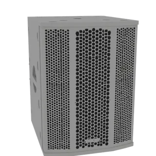 3D model of a modern gray speaker cabinet with a prominent hexagonal grille pattern on the front.