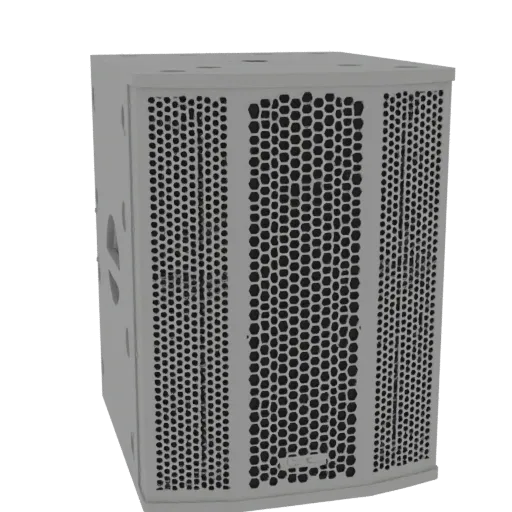3D model of a modern gray speaker cabinet with a prominent hexagonal grille pattern on the front.