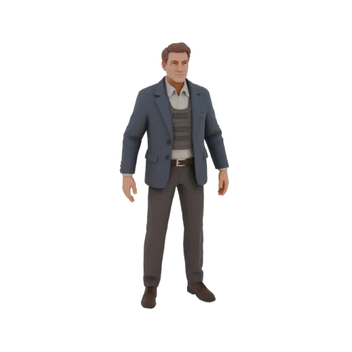 3D model of a middle-aged man in a blue jacket, shirt, trousers, and body armor, standing in a relaxed pose.