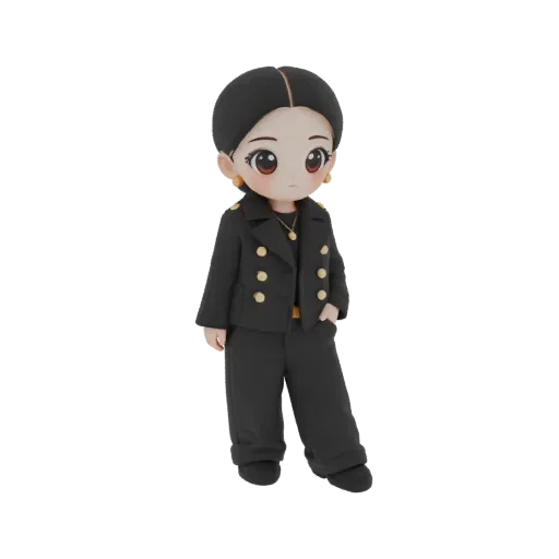 3D model of a chibi woman in a black double-breasted blazer and pants, with large eyes and gold button details.