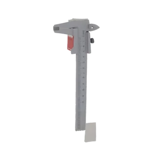 3D model of a gray Vernier caliper with a red accent, showing its measuring scale and sliding jaw.