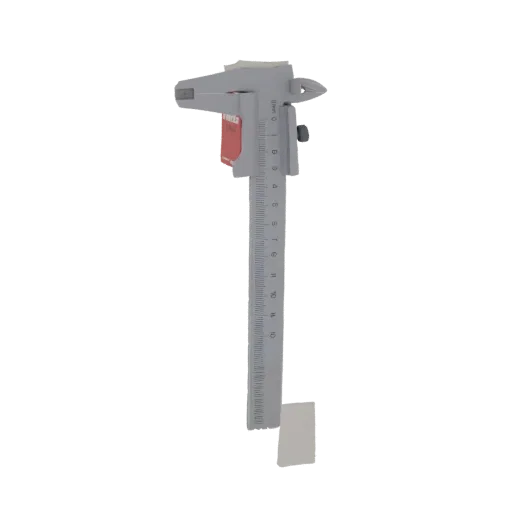 3D model of a gray Vernier caliper with a red accent, showing its measuring scale and sliding jaw.