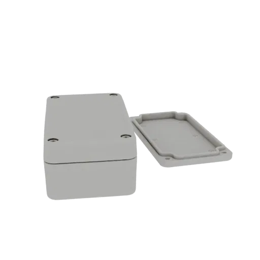 3D render of a gray plastic enclosure with its lid detached and placed beside it, against a black background.