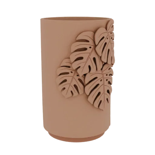 Uma renderização 3D de um vaso cilíndrico em terracota com desenhos de folhas de monstera em relevo, apresentado sobre um fun