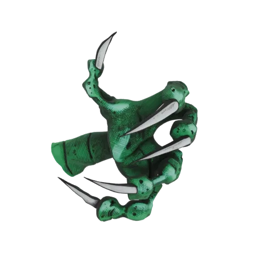 Una representación 3D detallada de una garra de monstruo verde con garras blancas afiladas, posada amenazadoramente sobre un