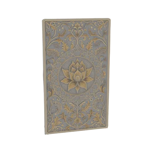 3D model of a rectangular relief panel featuring an ornate lotus flower mandala design with intricate floral patterns in gold