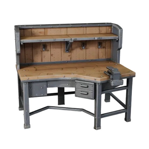 Industrial Workbench Stylized 3D model, stylized isometric render, showing steel frames, stable fixtures.