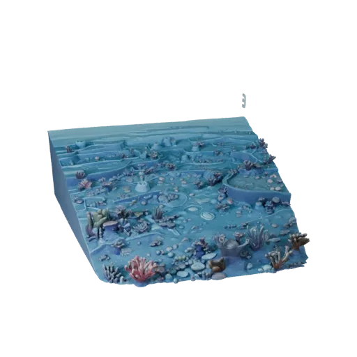 Coral Reef Seabed Biome Stylized 3D model, stylized isometric environment render, showing terrain layers, water edges.