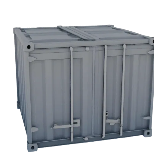 3D model of a gray 20ft shipping container with open doors, front view