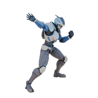 Modello 3D guerriero cibernetico armatura grigio-blu, posa dinamica corsa, mano alzata.
