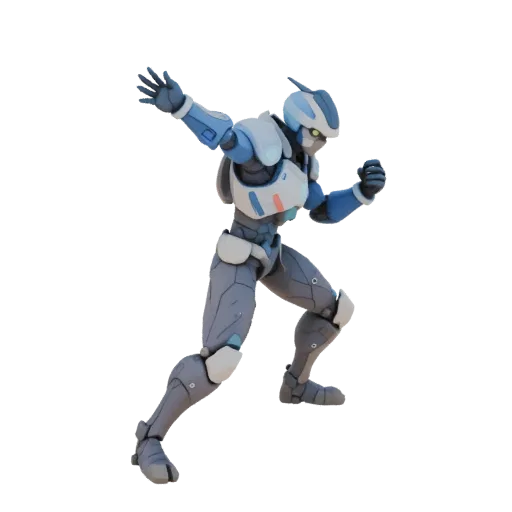 3D model of a cybernetic warrior in blue-gray armor, frozen in a dynamic running pose with an raised arm.
