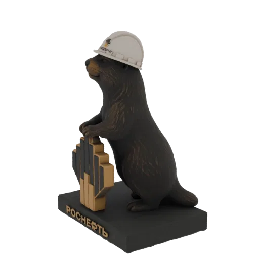 3D model of a dark bronze otter mascot wearing a white hard hat and holding a gold oil rig symbol, standing on a black base w