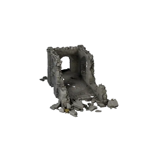 Broken Bridge Ruin Low Poly 3D model, game viewport three-quarter view, showing aged stone, rock faces.