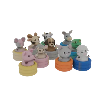 A 3D render of a collection of cute farm animal figurines, including a pig, mouse, cow, dog, cat, sheep, and frog, each seate