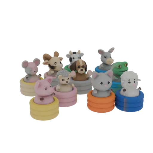 Uma renderização 3D de uma coleção de fofas figuras de animais de fazenda, incluindo um porco, rato, vaca, cão, gato, ovelha