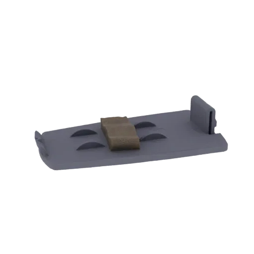 3D render of a gray plastic clip with a brown textured insert, viewed from a slight angle against a white background.