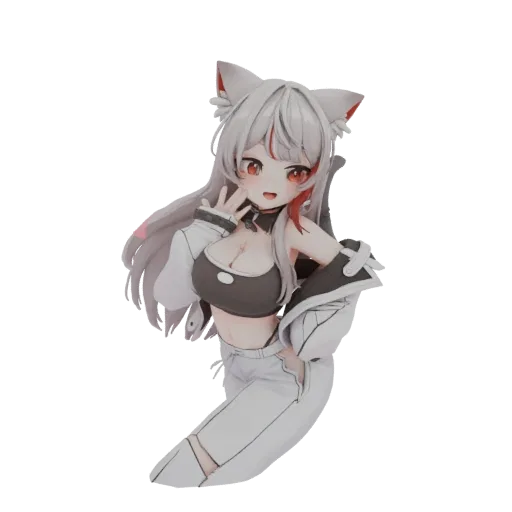 Modèle 3D d'une fille chat anime avec des oreilles de chat blanches et des yeux rouges, portant un crop top noir, une veste b