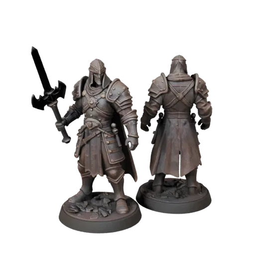 Fantasy Warrior Miniature realistic 3D model preview showing silhouette, three-quarter scene view, pose and resin detail