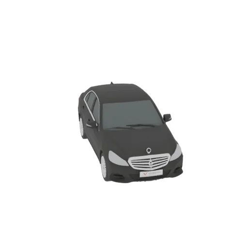 A 3D render of a sleek, black luxury sedan viewed from a three-quarter front angle against a white background.