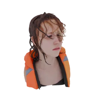 3D-Modell einer jungen Frau mit nassen Haaren und orangefarbener Schwimmweste, blickt zur Seite.