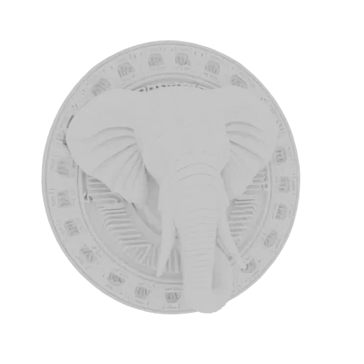 3D model of a white elephant head wall mount plaque with an ornate circular border against a white background.