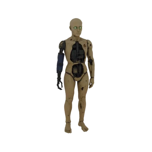 A full-body 3D render of a decaying android mannequin with glowing green eyes and a cybernetic left arm, set against a black