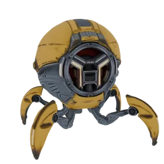 Una renderización 3D de un dron de ciencia ficción desgastado en amarillo y gris con cuerpo esférico y cuatro patas articulad