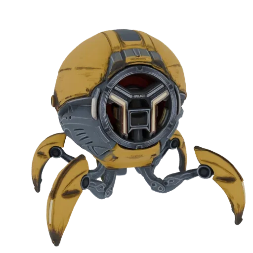 Un rendu 3D d'un drone sci-fi patiné jaune et gris avec un corps sphérique et quatre pattes articulées, doté d'un capteur opt