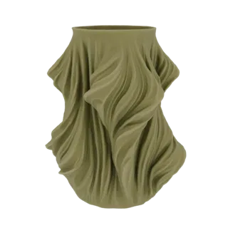 3D-Modell einer olivgrünen Vase mit einem realistischen Drapierungseffekt, das komplexe Falten und eine matte Oberfläche zeig