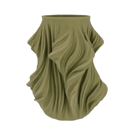 Modèle 3D d'un vase vert olive avec un effet de tissu drapé réaliste, présentant des plis complexes et une finition mate.