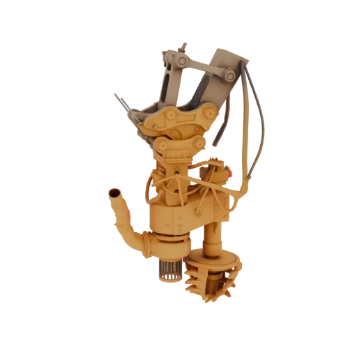 3D model of an industrial pumping mechanism with pipes, gears, and housing, rendered in a tan color.