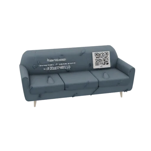 A 3D model of a modern blue sofa with three cushions, featuring a QR code sticker on the backrest.