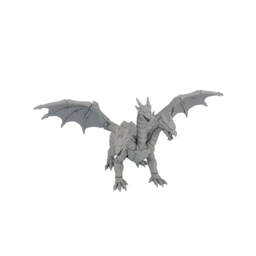 A grey, unpainted 3D model of a three-headed dragon with spread wings, standing on a black background.