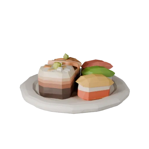 Gourmet Sushi Set Low Poly 3D model, game viewport three-quarter view, showing sauces, plated composition.