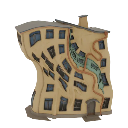 3D-Modell eines surrealen, verzerrten Wohnhauses mit schmelzender Fassade, verzerrten Fenstern und dekorativen grün-orangen R