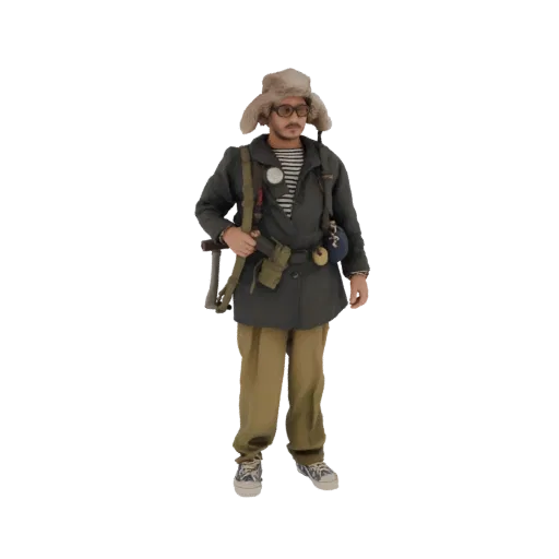 Modèle 3D d'un personnage explorateur hivernal portant un bonnet en fourrure, une chemise rayée, un manteau vert et une hache